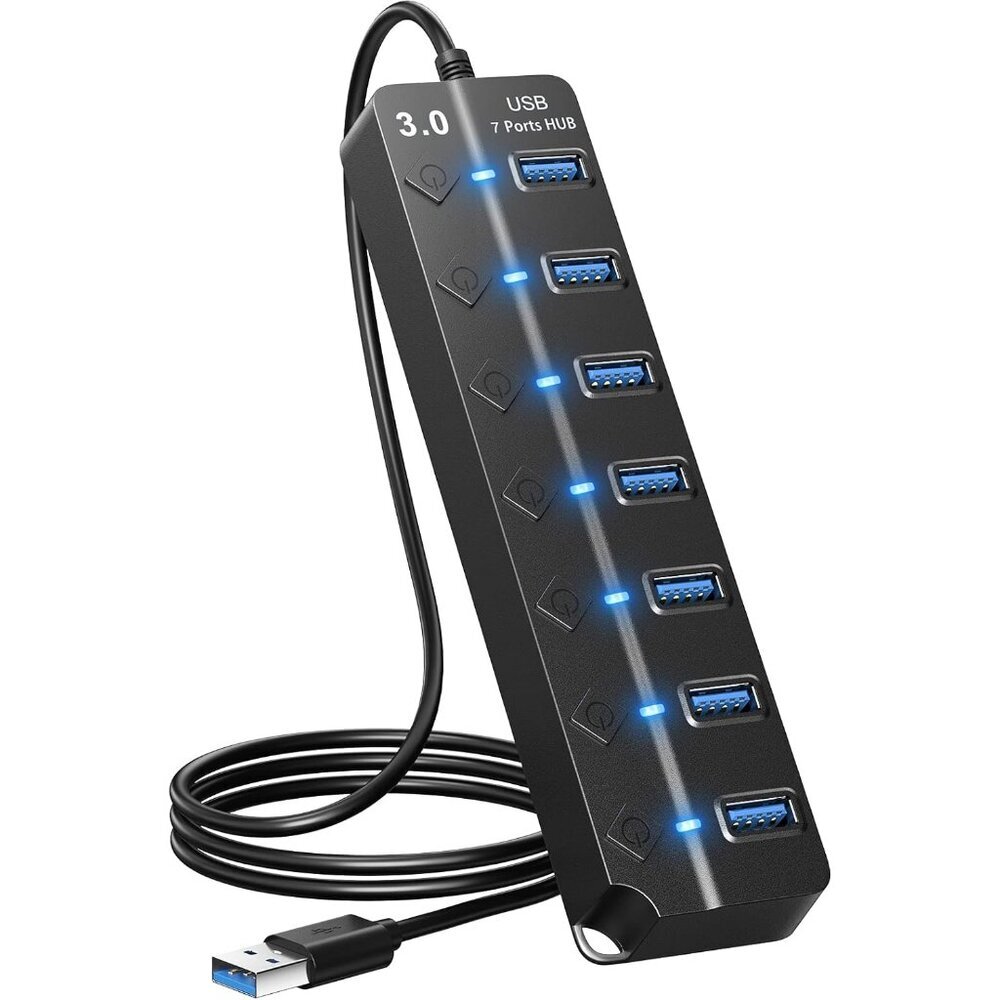 USB Hub 3.0, 7-Port USB Hub Splitter with Individual On/Off Switches and Lights,
